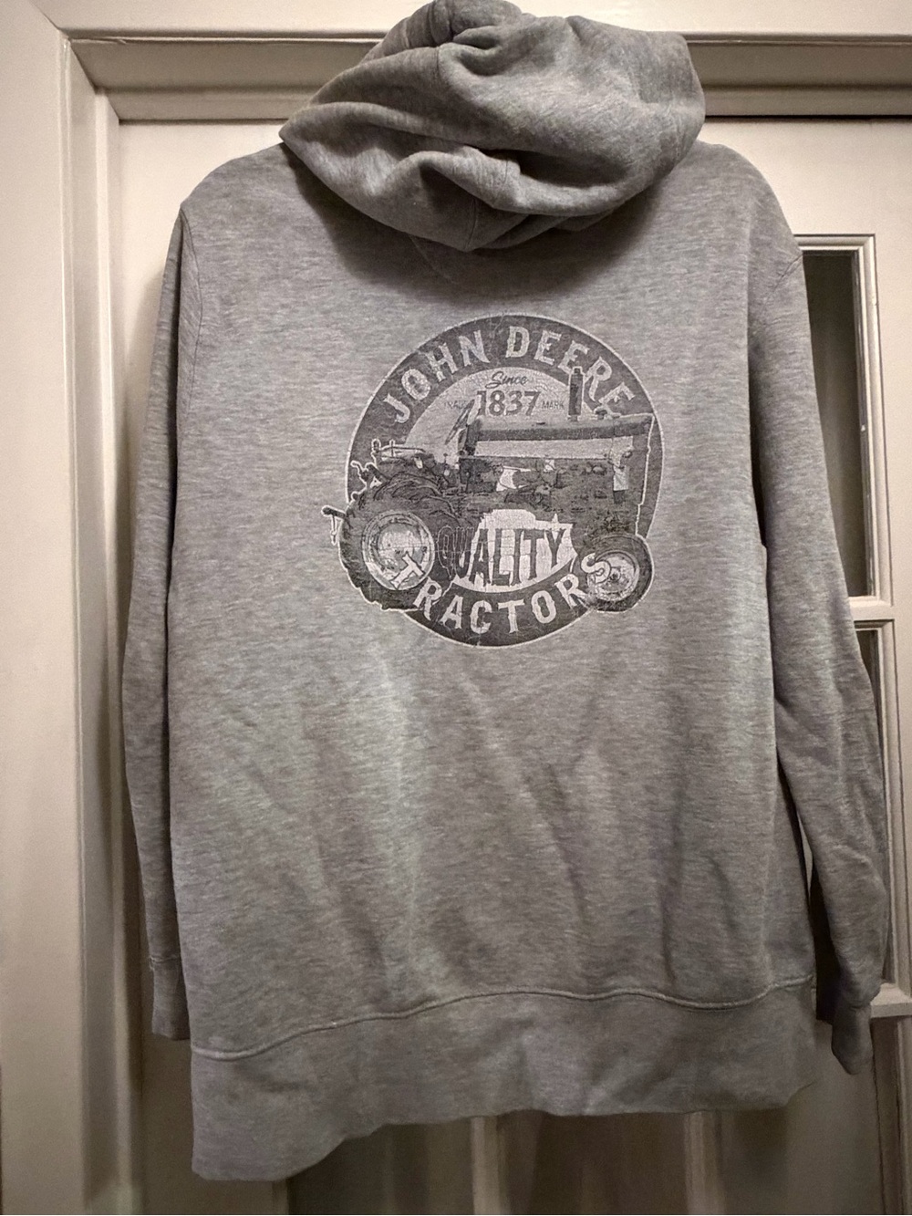 John Deere Hoodie Mens Size Medium Gray Fleece Sweatshirt Farming Country Grunge